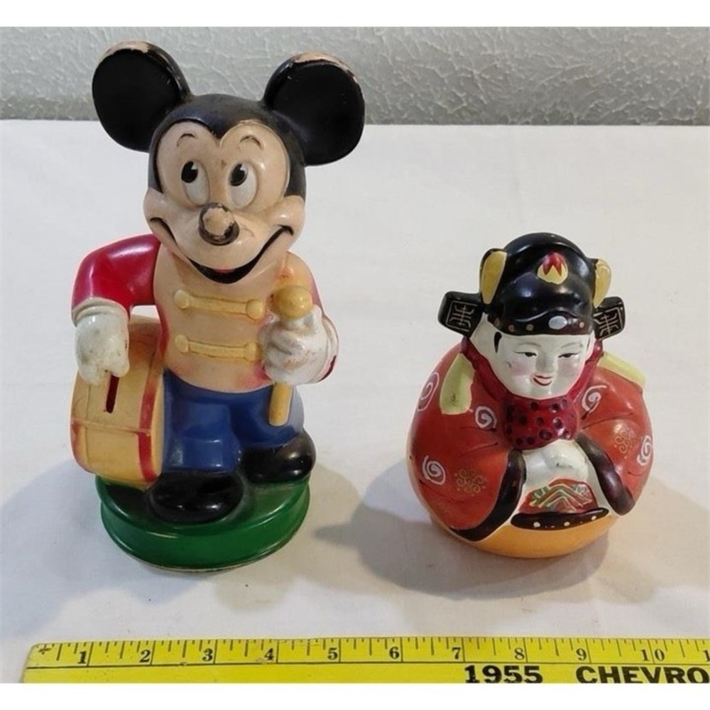 Mickey Mouse & Roly Poly Japan 2 toy banks Vintage